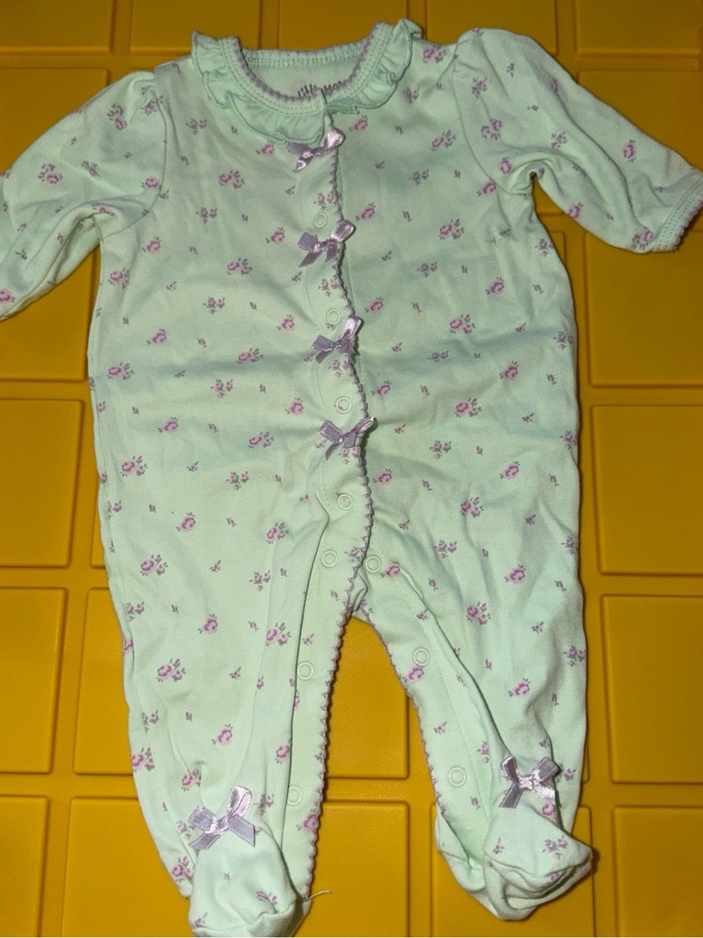 Little Me Mint Green Footed One-Piece with Lilac Floral Bows